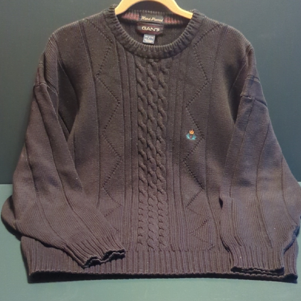 Vintage Gant Men's Black Cable Knit Crewneck Sweater